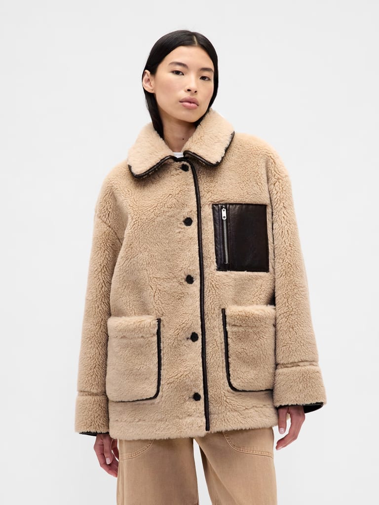 Reversible Vegan Leather Sherpa Jacket, P13, 350. Low Rise Utility Pants, P5,950, GAP, SM Mall of Asia